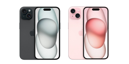 İki akıllı telefon, biri siyah diğeri pembe, beyaz bir arka plan üzerinde yan yana duruyor. Her birinin ekranında soyut bir tasarım var.