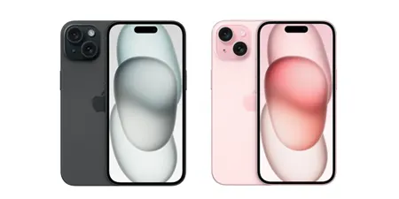 İki akıllı telefon, biri siyah diğeri pembe, beyaz bir arka plan üzerinde yan yana duruyor. Her birinin ekranında soyut bir tasarım var.