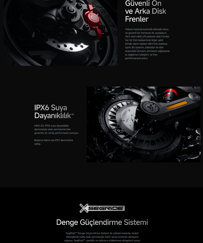 Siyah scooter lastiği ve kırmızı fren kaliperi görülüyor. Disk frenler ve IPX6 suya dayanıklılık özelliği vurgulanıyor.