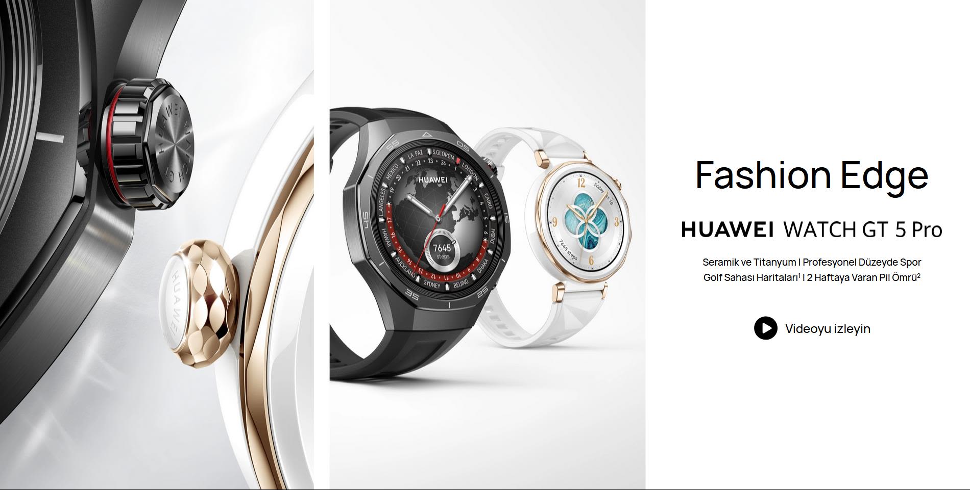 Üç adet Huawei GT 5 Pro saatleri. Siyah, beyaz ve metalik detaylar, şık tasarımları sergiliyor. Saat ekranları farklı bilgileri gösteriyor.