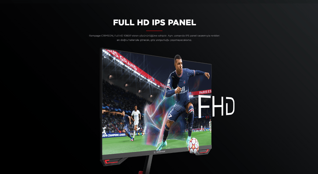 Siyah zemin üzerinde bir futbol maçını gösteren Full HD IPS panel monitör. Ekranda futbolcu ve FHD yazısı belirgin.