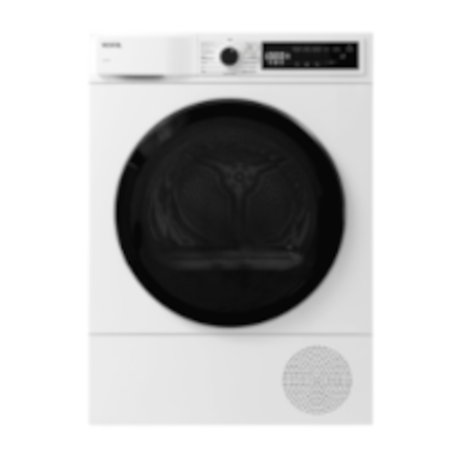 Önden görünümde, yuvarlak siyah bir kapısı ve dijital ekranı olan beyaz bir çamaşır kurutma makinesi.