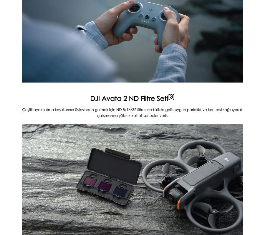 Gri drone, filtre kutusu ve uzaktan kumanda gösteriliyor.