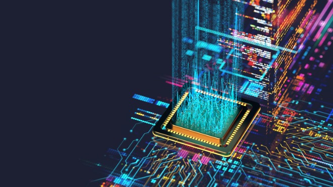 Mavi arka plan üzerinde altın detaylı, ışıklı bir mikroçip ve devre kartı görseli.