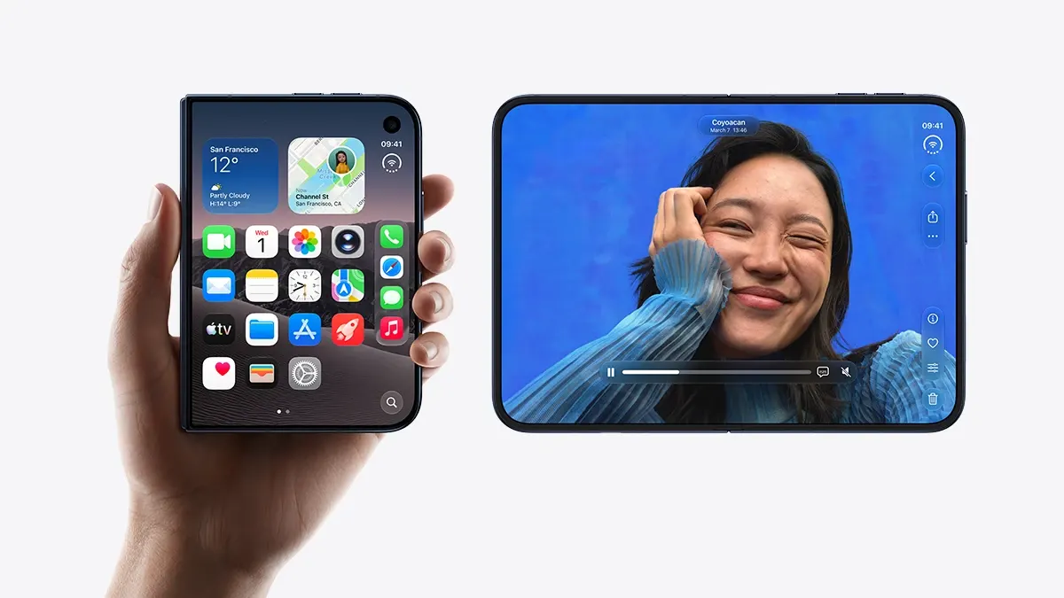 iPhone Duo açık vs kapalı halde karşılaştırma, solda iPhone Duo ekranı kapalı ve katlanmış durumda, sağda ise açık durumda