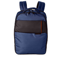 Mavi sırt çantası, siyah bir bant ve ayarlanabilir omuz askılarıyla önden görünümü gösteriyor.