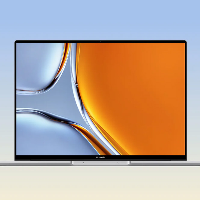 Siyah çerçeveli, turuncu ve gri desenli Huawei TV, açık mavi arka plan üzerinde duruyor.