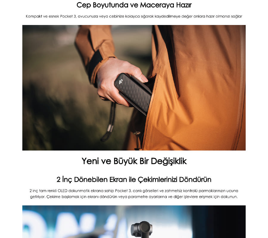 Kahverengi montlu kişi, siyah bir cihazı cebine koyuyor. Cihazın üzerinde bir logo var.