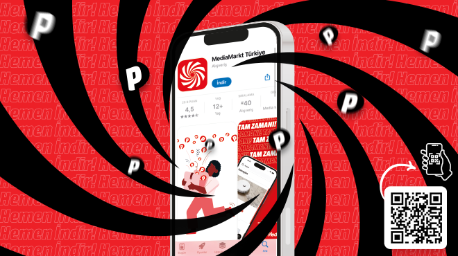 Kırmızı fonda MediaMarkt uygulaması tanıtımı. QR kod, uygulama mağazası logoları ve telefon ekran görüntüsü yer alıyor.