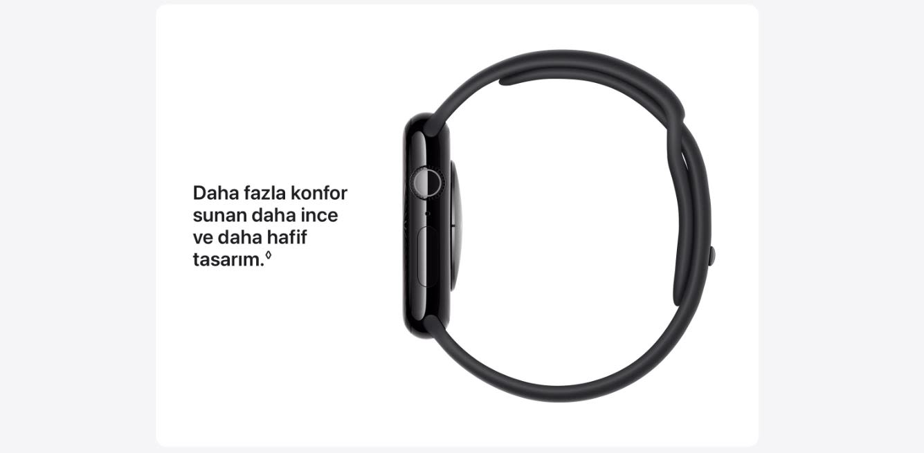 Siyah bir Apple Watch, beyaz bir arka plan üzerinde, yan görünümüyle bileğe takılmaya hazır şekilde duruyor.