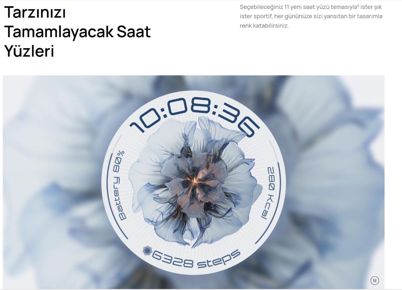 Çiçekli akıllı saat arayüzü: Saat 10:08, pil %80, 6328 adım, 280 kcal.
