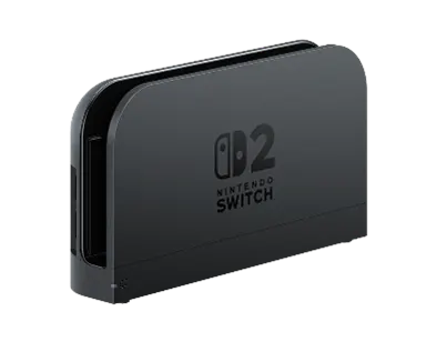 Siyah Nintendo Switch yuvası, dikey olarak duruyor ve Nintendo Switch logosu belirgin şekilde önde yer alıyor.