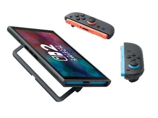 Nintendo Switch konsolu, gri stantlı ve iki adet Joy-Con kontrolcüsü beyaz arka planda yer alıyor.
