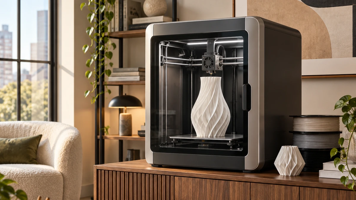 Masaüstünde duran bir 3D yazıcı modeli ve baskı hacmi