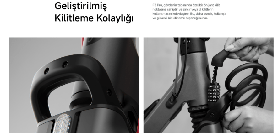 Elektrikli scooter'ın kilitlenmesi: gidonun ve şasinin yakın çekimleri, kablo kilidinin kombinasyon kısmı.