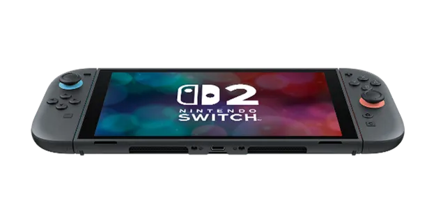 Gri kumandalı Nintendo Switch 2 konsolu, renkli ekranı ile beyaz zeminde.