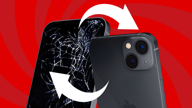 Kırmızı arka planda, çatlak ekranlı ve sağlam kameralı iki telefon ile beyaz oklar dönüşümü gösteriyor.