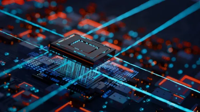 Mavi ve turuncu ışıkların üzerinde siyah bir işlemci bulunan, detaylı bir bilgisayar çipi görüntüsü.