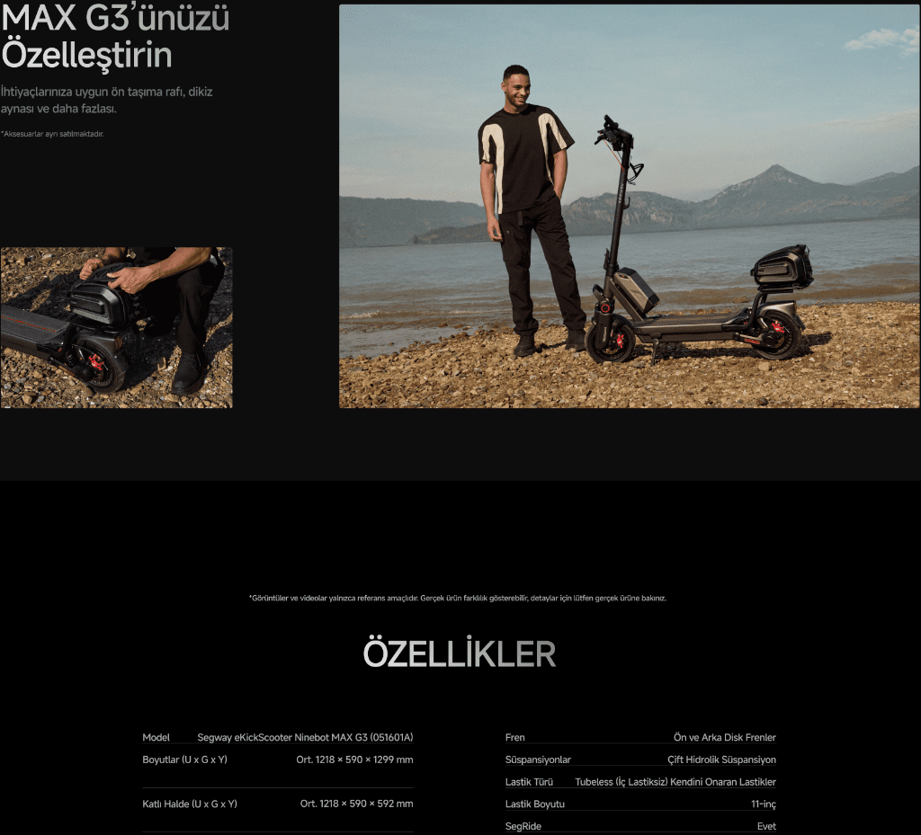 Sahilde MAX G3 elektrikli scooter ve yanında duran bir adam. Scooter'ın yanında katlanmış bir scooter görülüyor.