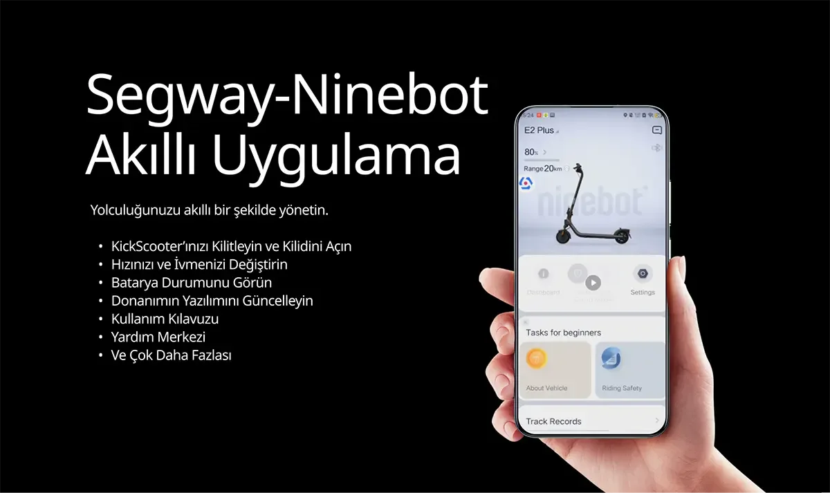 Siyah arka plan üzerinde Segway-Ninebot yazısı ve akıllı telefon uygulamasında scooter görüntüsü olan bir el bulunuyor.