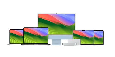 Çeşitli boyutlarda dizüstü bilgisayarlar ve monitörler, yeşil, kırmızı ve mavi renklerde soyut bir duvar kağıdı gösteriyor.