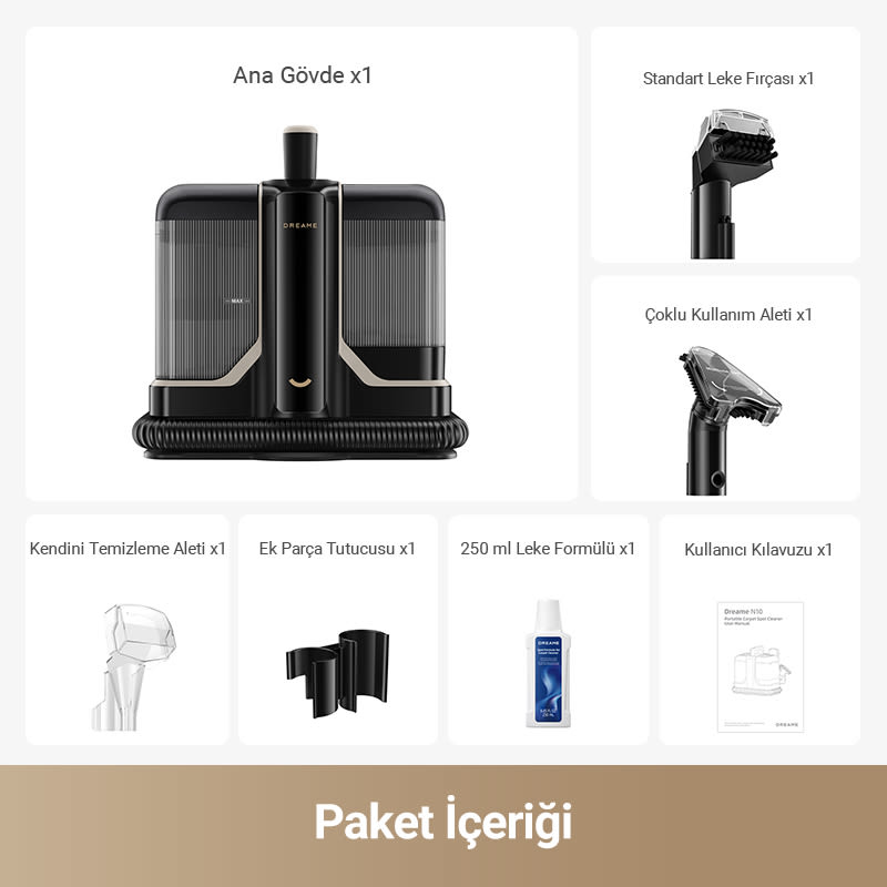 Beyaz zemin üzerinde bir temizlik cihazı ve aksesuarlarının bulunduğu paket içeriği gösteriliyor.