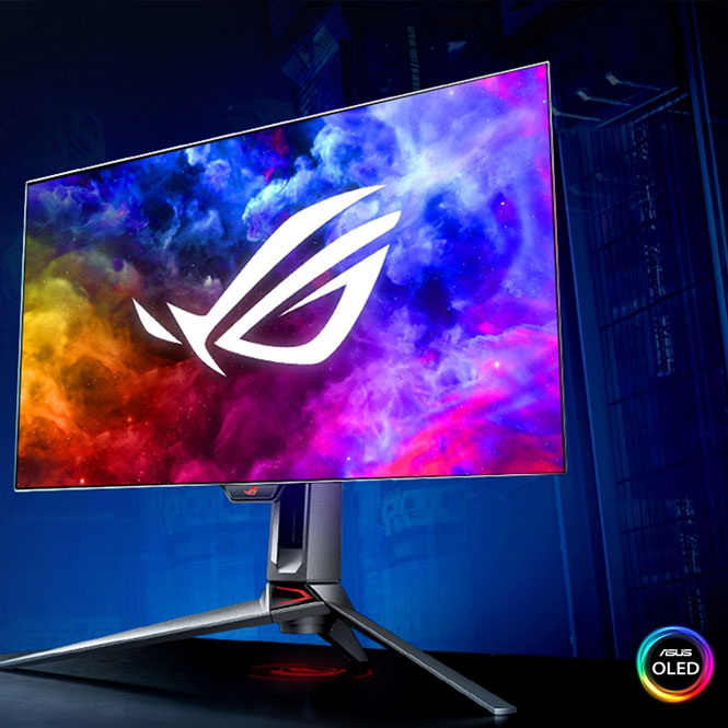 Ekran, renkli galaksi arka planı ve beyaz bir oyun logosu gösteriyor. Gümüş standı ve ASUS OLED logosu var.