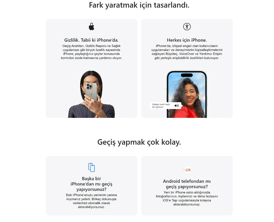 Kadın iPhone tutuyor. Ekran g&ouml;r&uuml;nt&uuml;s&uuml;, g&uuml;l&uuml;mseyen kadın; iPhone erişilebilirlik &ouml;zelliklerini g&ouml;steriyor. Metin, ge&ccedil;iş se&ccedil;eneklerini a&ccedil;ıklıyor.
