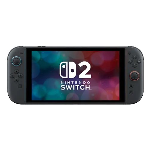 Siyah Nintendo Switch oyun konsolu, ekranda "Nintendo Switch 2" yazısı ve renkli arka plan.
