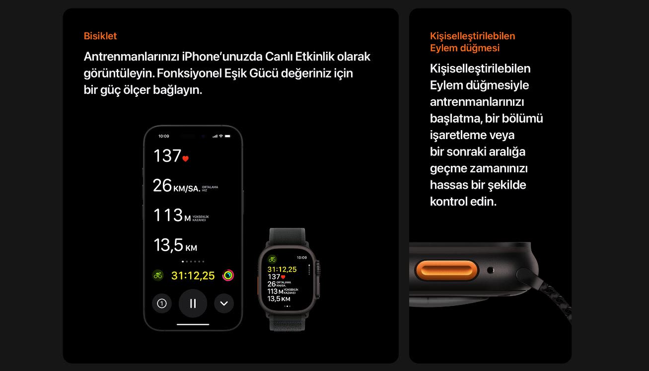 Siyah arka planda iPhone ve Apple Watch ekranları, antrenman verilerini gösteriyor. Sağda, turuncu bir düğme detaylı bir saat resmi var.