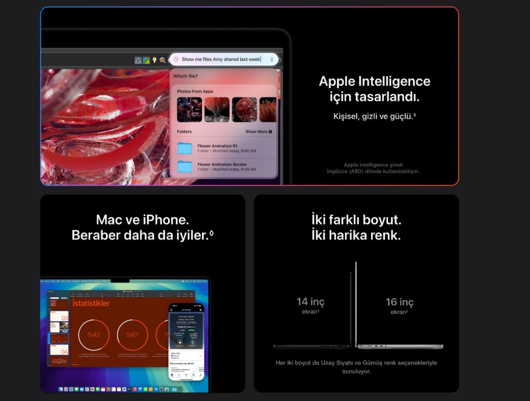Apple cihazlarının tanıtıldığı bir görsel. Mac ve iPhone'un özelliklerinin vurgulandığı, metin ve ekran görüntüleri içeriyor.