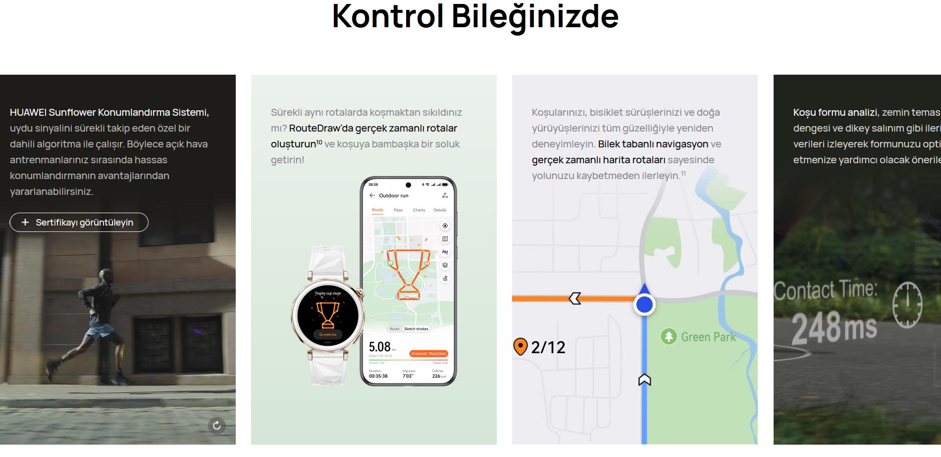Akıllı saat ve telefon ekranında harita uygulaması, koşu rotaları ve mesafe takibi gösteriliyor. Yeşil park alanı görülüyor.