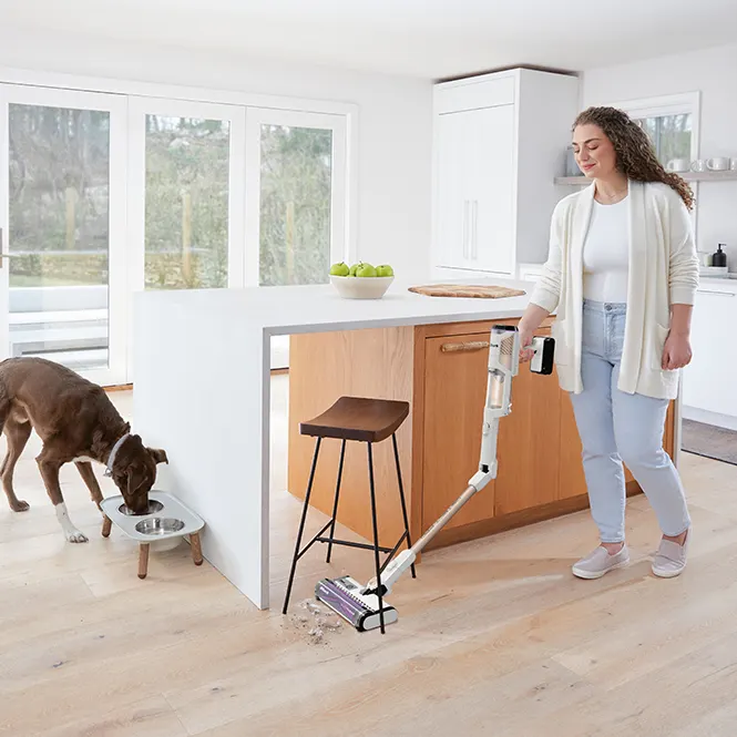 Açık renkli mutfakta kadın elektrik süpürgesiyle temizlik yapıyor, köpek mama kabından yemek yiyor.