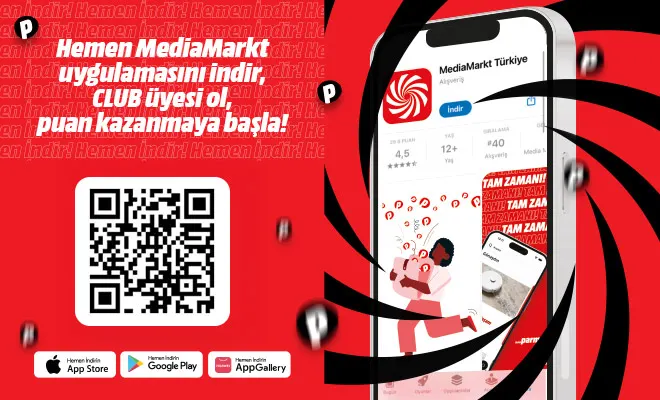 Kırmızı fonda MediaMarkt uygulaması tanıtımı. QR kod, uygulama mağazası logoları ve telefon ekran görüntüsü yer alıyor.