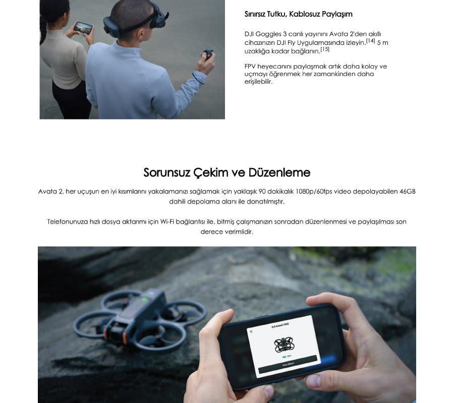 VR gözlüklü adam, drone ve telefon tutan eller görülüyor. Arka planda bir kadın var.