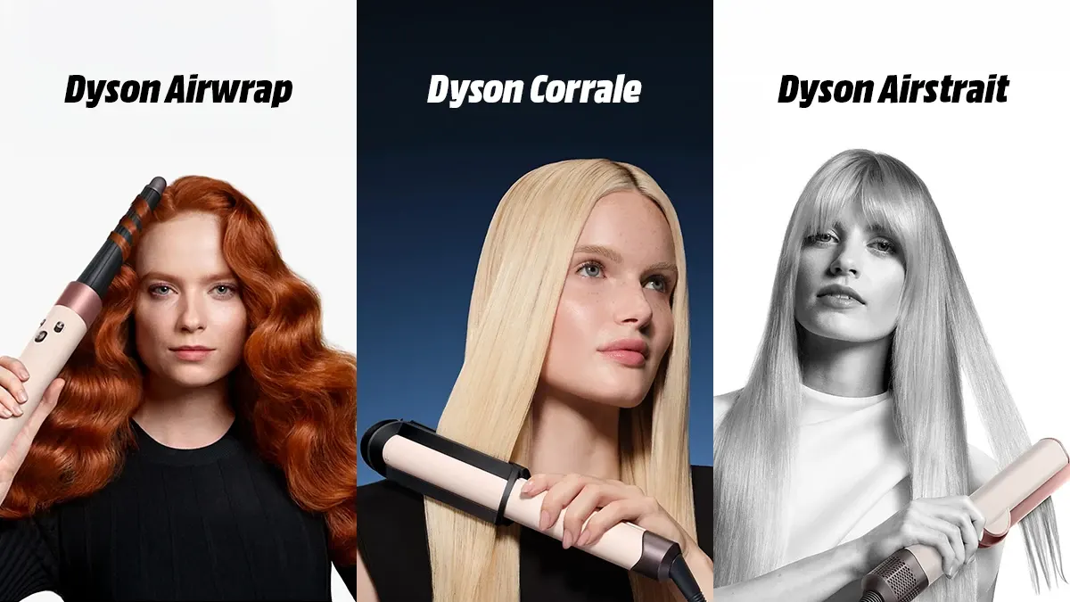 Solda Dyson Airwrap kullanarak saçını şekillendiren bir kadın, ortada Dyson Corrale kullanan bir kadın, sağda ise Dyson Airstrait ile saçlarını düzleştiren bir kadın