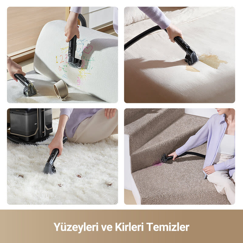 Dörtlü kolajda, koltuk, halı ve merdiven temizleyen temizlik cihazı görülüyor.