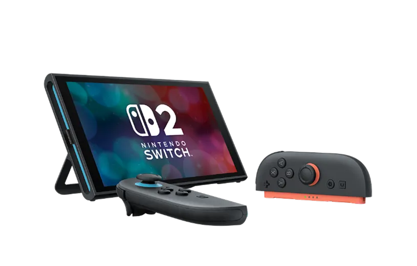 Ekranlı bir Nintendo Switch konsolu ve iki adet joy-con denetleyicisi beyaz bir zeminde.