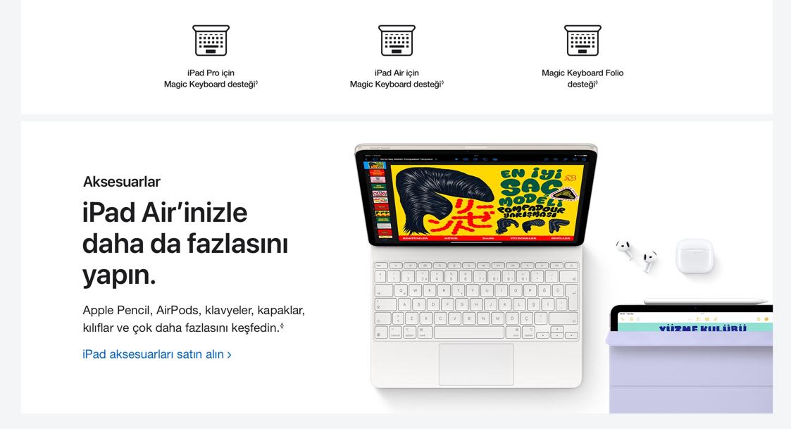 Beyaz klavyeli, renkli ekranlı bir iPad, AirPods ve kılıfı beyaz zemin üzerinde gösteriliyor.