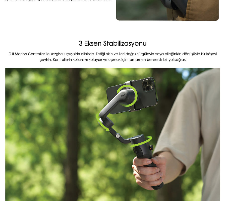 Bir el, yeşil oklarla vurgulanan bir akıllı telefon sabitleyicisini tutuyor. Arka planda ağaçlar ve metin bulunuyor.