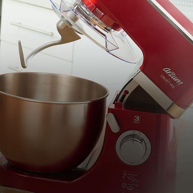 Kırmızı Arzum Crust Mix stand mikseri, çelik karıştırma kabı ve kanca aparatı ile mutfakta.