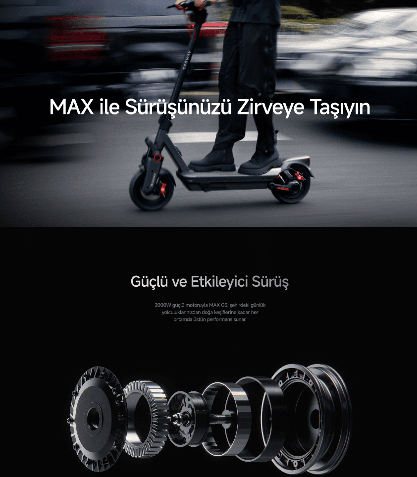 Siyah kıyafetli kişi, siyah scooter üzerinde duruyor. Arka planda bulanık araba var. Altta scooter parçaları görünüyor.