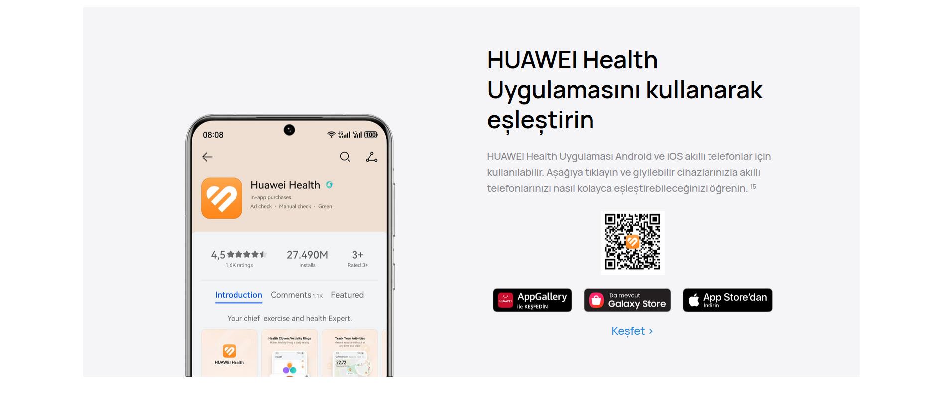 Huawei Health uygulamasının tanıtımı. Uygulama, Android ve iOS cihazlarda kullanılabilir. QR kodu ve uygulama mağazası ikonları mevcut.