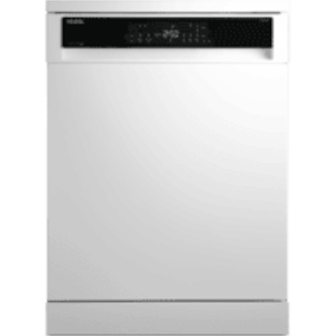 Beyaz renkte, kapalı bir bulaşık makinesi, üst kısımda siyah bir kontrol paneli bulunan ön cepheden görünümü.