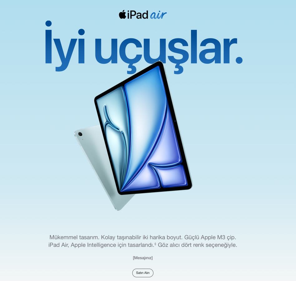 Açık mavi zemin üzerinde iPad Air reklamı, tablet ekranında mavi ve beyaz soyut bir resim bulunur.