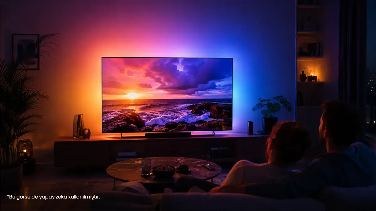 Evin salonunda Ambilight TV bulunuyor ve karşısında oturup televizyon izleyen bir kadın ve bir adam