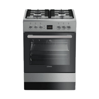 Gümüş renkli, dört gözlü ocak ve fırın kombinasyonu, dijital ekranlı ve düğmeli kontrol paneline sahip.