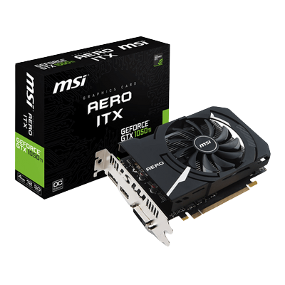 MSI Aero ITX GeForce GTX 1050 Ti ekran kartı ve kutusu beyaz zeminde. Kutu siyah ve yeşil renklere sahip.