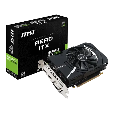 MSI Aero ITX GeForce GTX 1050 Ti ekran kartı ve kutusu beyaz zeminde. Kutu siyah ve yeşil renklere sahip.