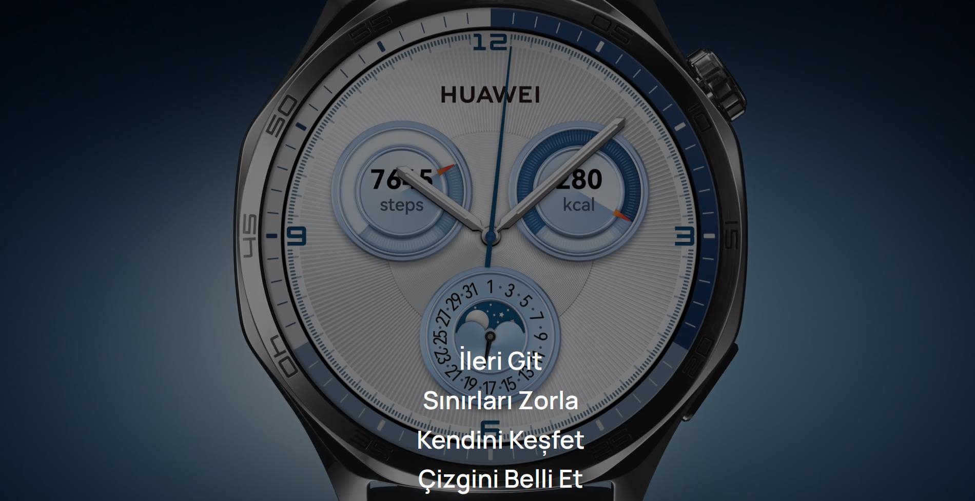 Huawei akıllı saat yakın çekim. Saat yüzünde adımlar, yakılan kalori ve tarih bilgileri gösteriliyor.